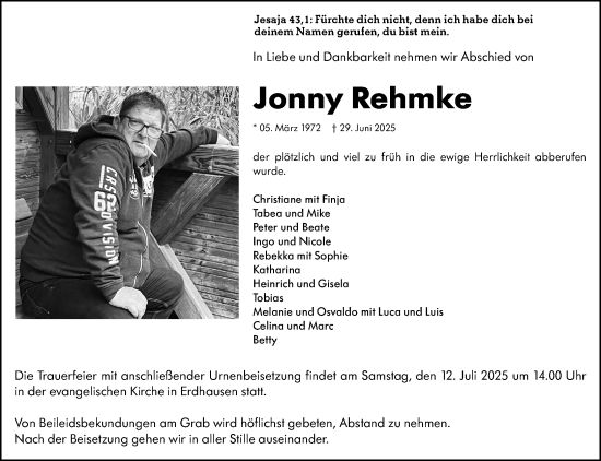 Traueranzeige von Jonny Rehmke von Hinterländer Anzeiger