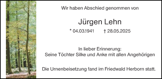 Traueranzeige von Jürgen Lehn von Weilburger Tageblatt