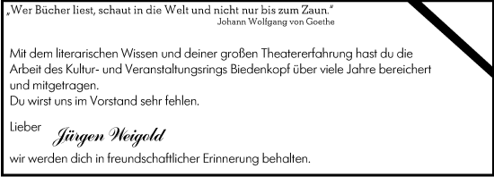Traueranzeige von Jürgen Weigold von Hinterländer Anzeiger