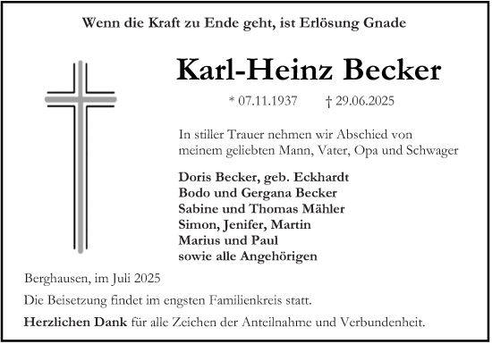 Traueranzeige von Karl-Heinz Becker von Wetzlarer Neue Zeitung