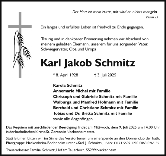 Traueranzeige von Karl Jakob Schmitz von Allgemeine Zeitung Mainz