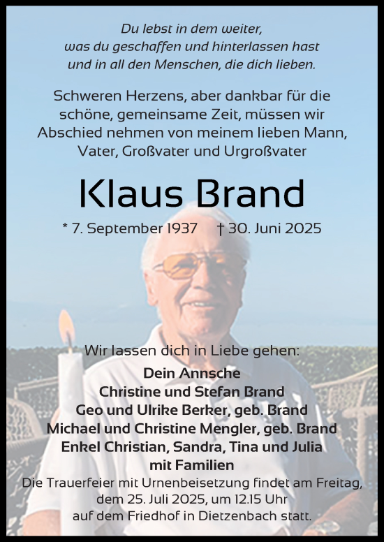 Traueranzeige von Klaus Brand von Dieburger Anzeiger/Groß-Zimmerner Lokal-Anzeiger