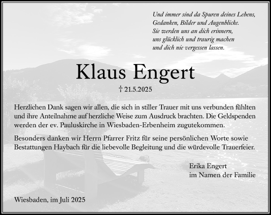 Traueranzeige von Klaus Engert von Wiesbadener Kurier