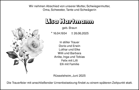 Traueranzeige von Lisa Hatrmann von Rüsselsheimer Echo