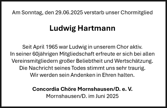 Traueranzeige von Ludwig Hartmann von Hinterländer Anzeiger
