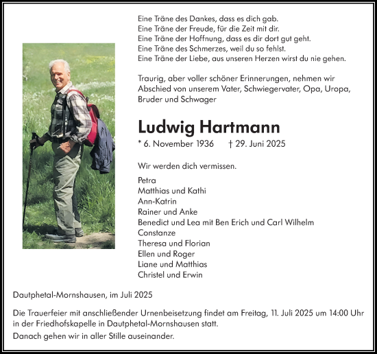 Traueranzeige von Ludwig Hartmann von Hinterländer Anzeiger