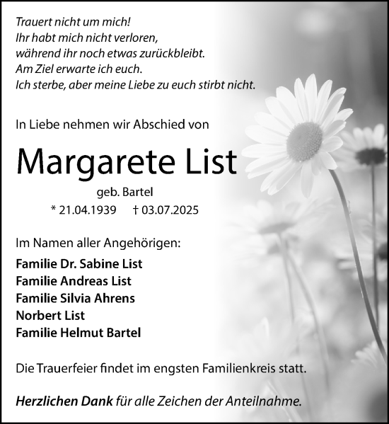 Traueranzeige von Margarete List von Wetzlarer Neue Zeitung