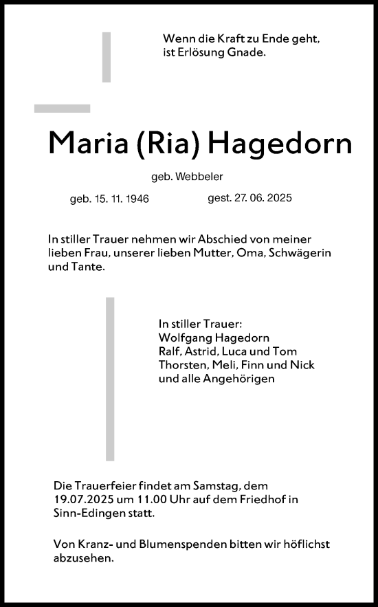 Traueranzeige von Maria Hagedorn von Dill Block