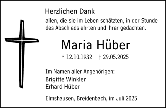 Traueranzeige von Maria Hüber von Hinterländer Anzeiger