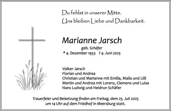 Traueranzeige von Marianne Jarsch von Odenwälder Echo