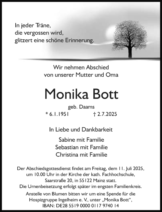 Traueranzeige von Monika Bott von Allgemeine Zeitung Mainz