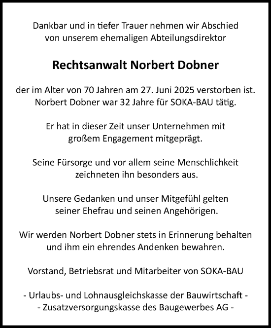 Traueranzeige von Norbert Dobner von Wiesbadener Kurier