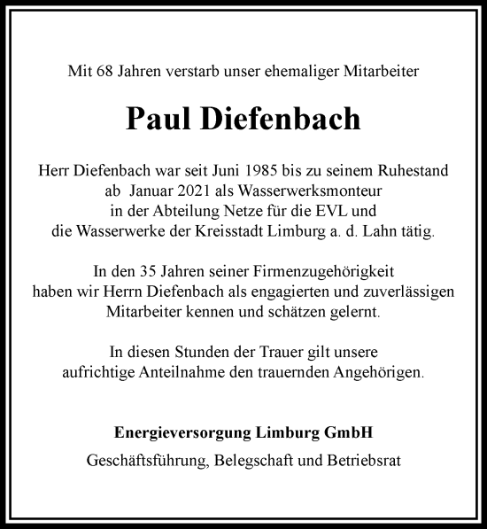 Traueranzeige von Paul Diefenbach von Nassauische Neue Presse
