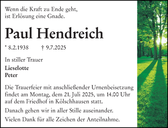 Traueranzeige von Paul Hendreich von Wetzlarer Neue Zeitung
