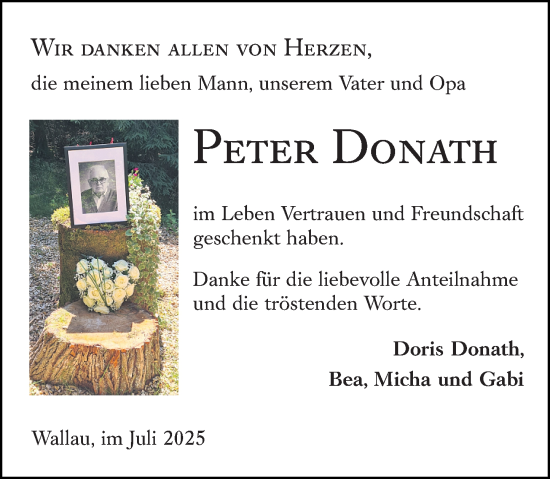Traueranzeige von Peter Donath von Hinterländer Anzeiger