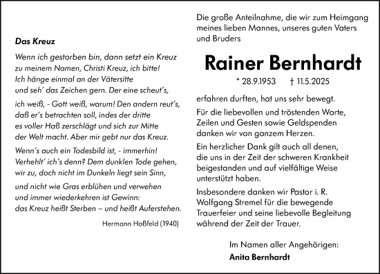Traueranzeige von Rainer Bernhardt von Hinterländer Anzeiger