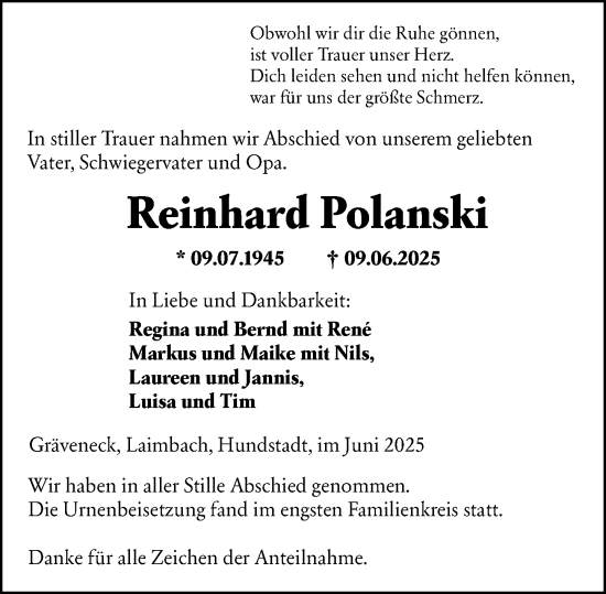Traueranzeige von Reinhard Polanski von Weilburger Tageblatt