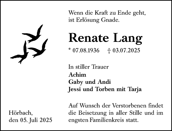 Traueranzeige von Renate Lang von Dill Block