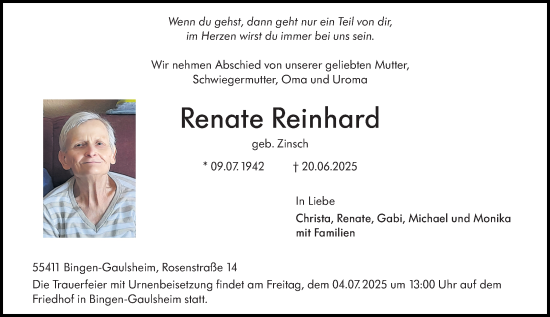 Traueranzeige von Renate Reinhard von Binger-/Ingelheimer Wochenblatt