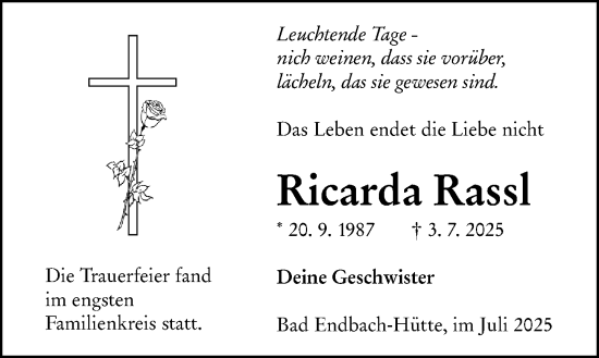 Traueranzeige von Ricarda Rassl von Hinterländer Anzeiger
