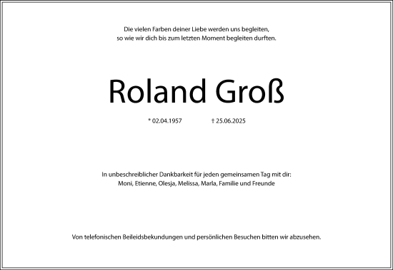 Traueranzeige von Roland Groß von Wetzlarer Neue Zeitung