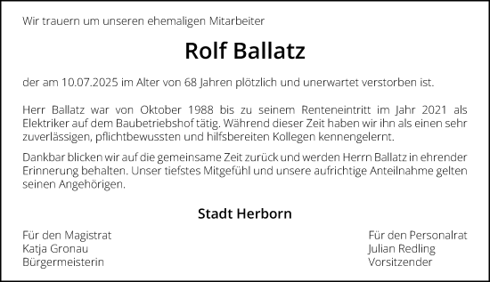 Traueranzeige von Rolf Ballatz von Dill Block