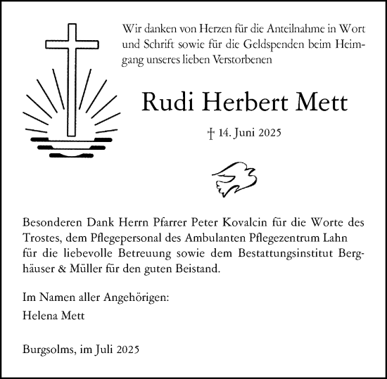 Traueranzeige von Rudi Herbert Mett von Wetzlarer Neue Zeitung