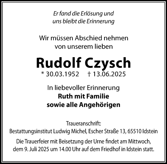 Traueranzeige von Rudolf Czysch von Idsteiner Land/Untertaunus