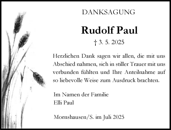 Traueranzeige von Rudolf Paul von Hinterländer Anzeiger