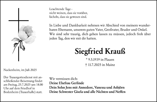 Traueranzeige von Siegfried Krauß von Allgemeine Zeitung Mainz
