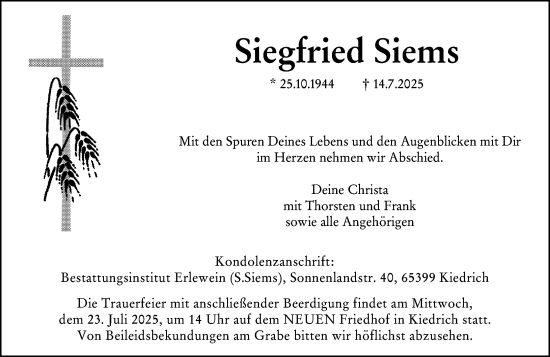 Traueranzeige von Siegfried Siems von Wiesbadener Kurier