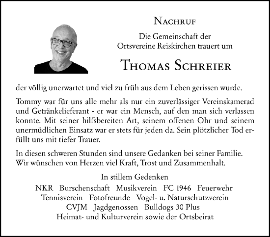 Traueranzeige von Thomas Schreier von Wetzlarer Neue Zeitung