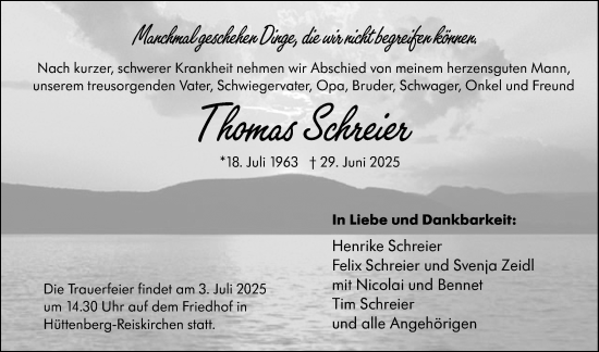 Traueranzeige von Thomas Schreier von Wetzlarer Neue Zeitung