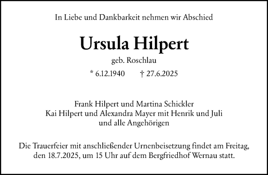 Traueranzeige von Ursula Hilpert von Dill Block