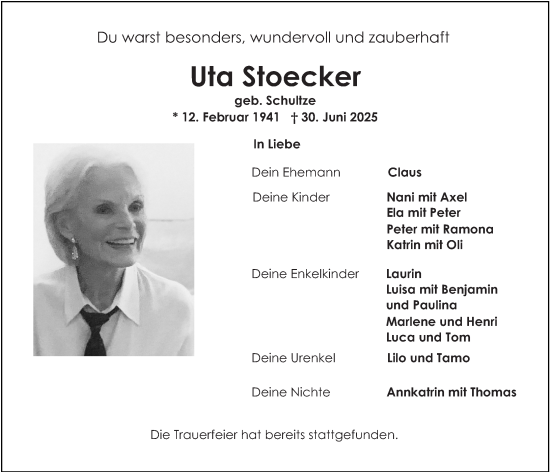 Traueranzeige von Uta Stoecker von Wiesbadener Kurier