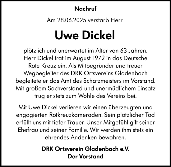 Traueranzeige von Uwe Dickel von Hinterländer Anzeiger