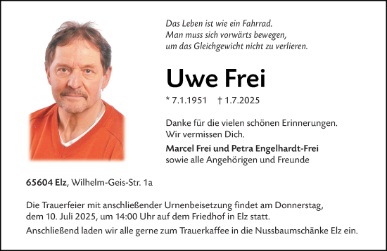 Traueranzeige von Uwe Frei von Nassauische Neue Presse