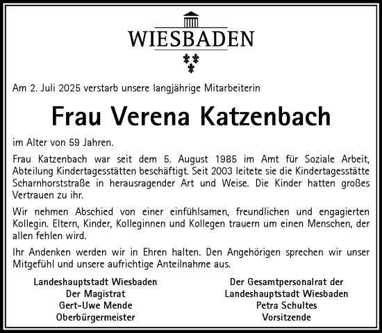 Traueranzeige von Verena Katzenbach von Wiesbadener Kurier