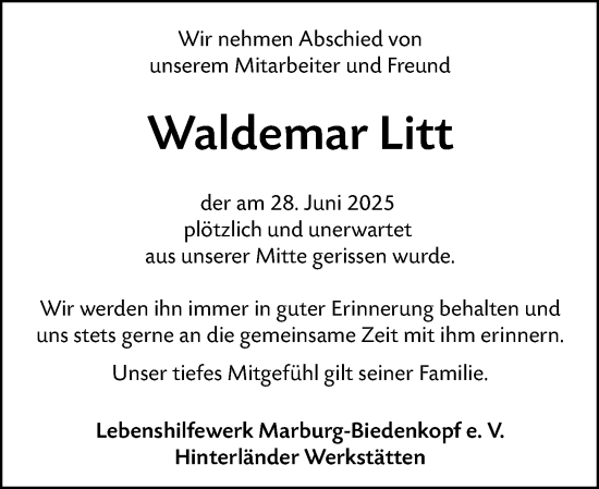 Traueranzeige von Waldemar Litt von Hinterländer Anzeiger