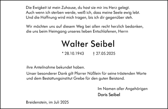 Traueranzeige von Walter Seibel von Hinterländer Anzeiger