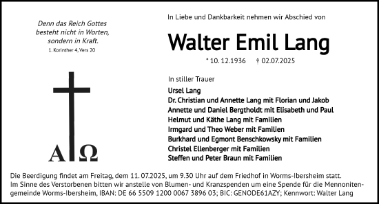 Traueranzeige von Walter Emil Lang von Wormser Zeitung