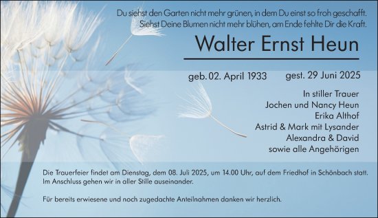 Traueranzeige von Walter Ernst Heun von Dill Block