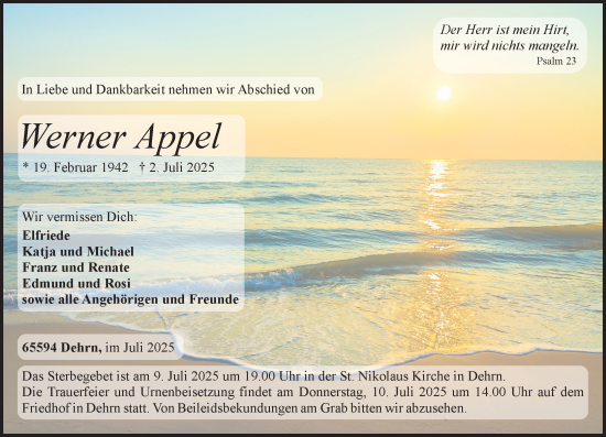 Traueranzeige von Werner Appel von Nassauische Neue Presse