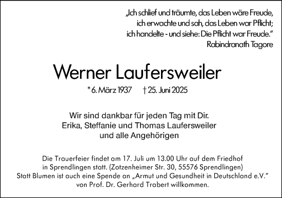 Traueranzeige von Werner Laufersweiler von Allgemeine Zeitung Rheinhessen-Nahe