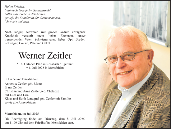 Traueranzeige von Werner Zeitler von Nassauische Neue Presse