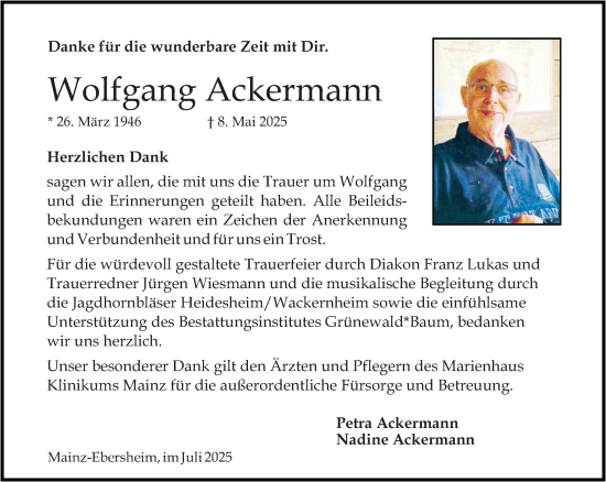 Traueranzeige von Wolfgang Ackermann von Allgemeine Zeitung Mainz