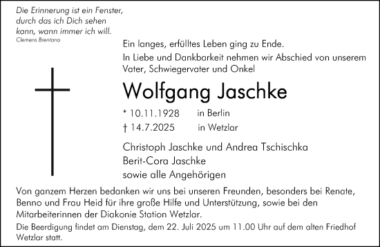 Traueranzeige von Wolfgang Jaschke von Wetzlarer Neue Zeitung