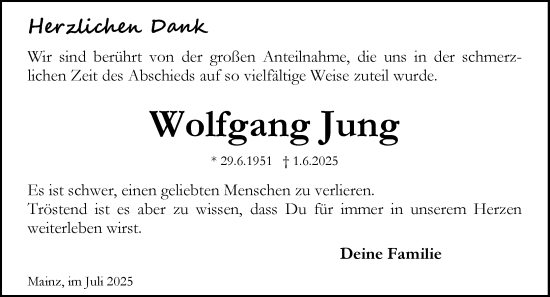 Traueranzeige von Wolfgang Jung von Allgemeine Zeitung Mainz