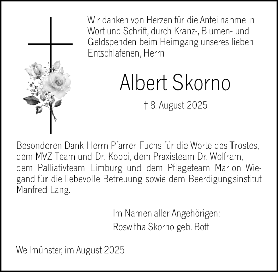 Traueranzeige von Albert Skorno von Weilburger Tageblatt