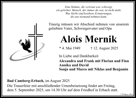 Traueranzeige von Alois Mernik von Camberger Anzeiger